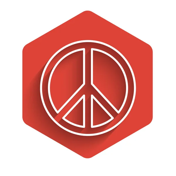 흰 선 평화의 아이콘은 긴 그림자와 고립되어 있습니다. 히피의 평화의 상징. 빨간 헥사곤 단추. 벡터 일러스트 — 스톡 벡터