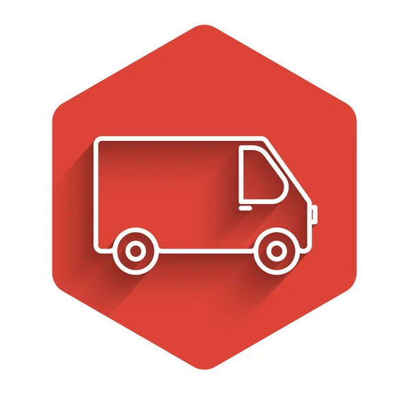 Línea blanca Icono del vehículo del camión de carga de entrega aislado con sombra larga. Botón de hexágono rojo. Ilustración vectorial — Vector de stock