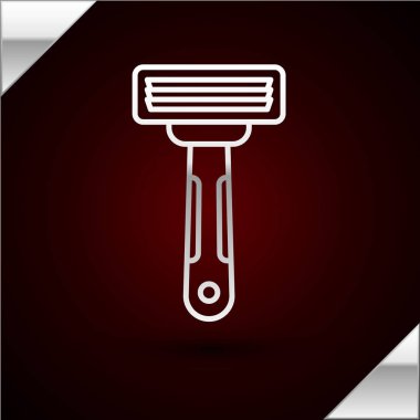 Gümüş çizgili tıraş makinesi simgesi koyu kırmızı arka planda izole edilmiş. Vektör İllüstrasyonu