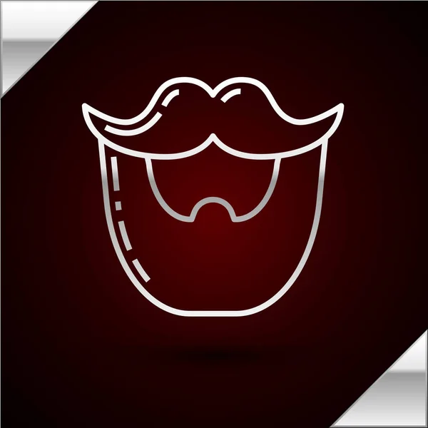 Línea plateada Icono de bigote y barba aislado sobre fondo rojo oscuro. Símbolo de barbería. Estilo de pelo facial. Ilustración vectorial — Archivo Imágenes Vectoriales