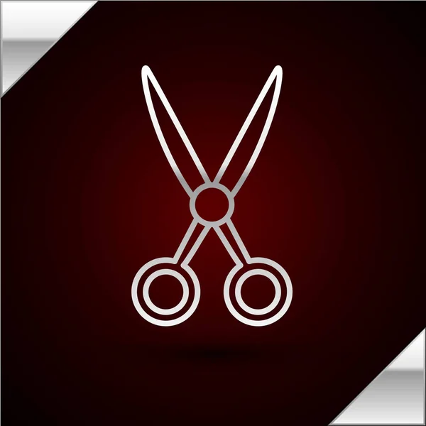 Серебряная линия Ножницы парикмахерская значок изолирован на темно-красном фоне. Парикмахерская, модный салон и вывеска. Символ парикмахерской. Векторная миграция — стоковый вектор