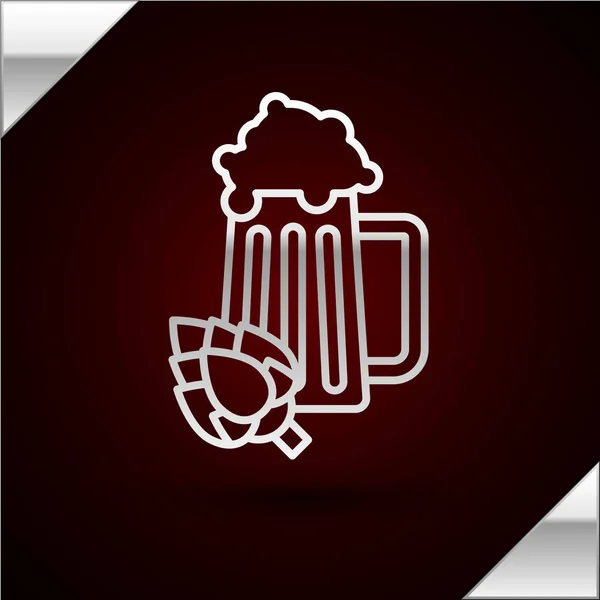 Srebrna linia Szklanka piwa i ikona chmielu odizolowana na ciemnoczerwonym tle. Ilustracja wektora — Wektor stockowy