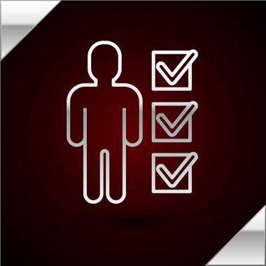 Gümüş çizgili takım elbiseli adam kullanıcısı koyu kırmızı arka planda izole edilmiş. İş simgesi kullanıcı profili simgesi simgesi. Erkek kullanıcı işareti. Vektör İllüstrasyonu