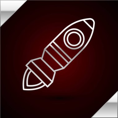 Gümüş çizgili, kırmızı arka planda ateş ikonu olan roket gemisi. Uzay yolculuğu. Vektör İllüstrasyonu