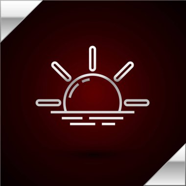 Silver line Sunrise icon isolated on dark red background. Vector Illustration