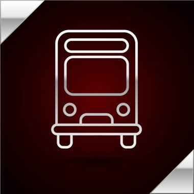 Gümüş çizgi otobüs simgesi koyu kırmızı arkaplanda izole edildi. Ulaşım konsepti. Otobüs turu tabelası. Turizm ya da kamu aracı sembolü. Vektör İllüstrasyonu