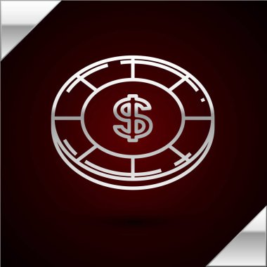 Dolar sembollü gümüş çizgili kumarhane çipi koyu kırmızı arka planda izole edilmiş. Kumarhane kumarı. Vektör İllüstrasyonu