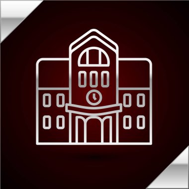 Gümüş çizgili okul binası simgesi koyu kırmızı arka planda izole edilmiş. Vektör İllüstrasyonu