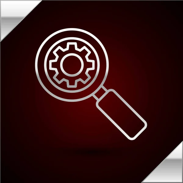 Silver line Magnifying glass and gear icon isolated on dark red background. Search gear tool. Business analysis symbol. Vector Illustration — Stock Vector