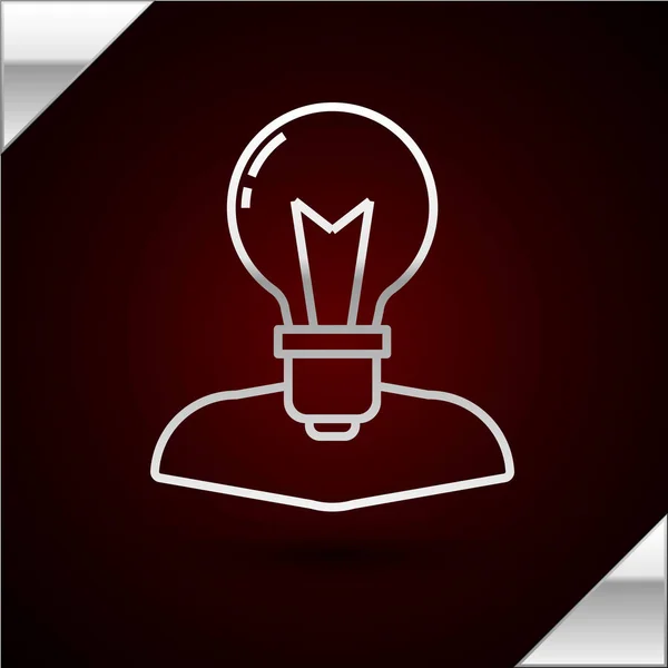 Silver line Human head with lamp bulb icon isolated on dark red background. Vector Illustration — Stock vektor