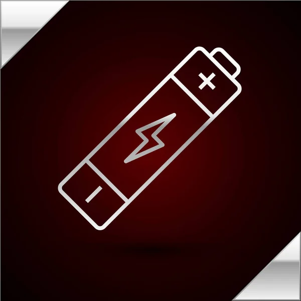 Ícone de bateria de linha de prata isolado no fundo vermelho escuro. Símbolo relâmpago. Ilustração vetorial — Vetor de Stock