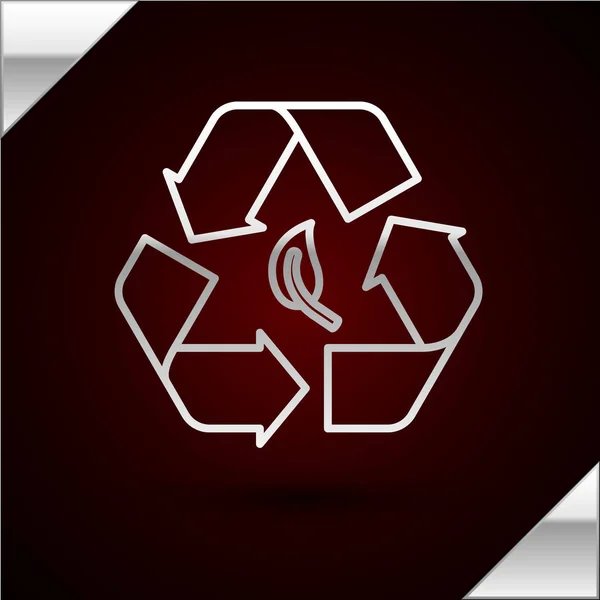 Linha de prata Reciclar símbolo e folha ícone isolado no fundo vermelho escuro. Meio ambiente reciclável ficar verde. Ilustração vetorial —  Vetores de Stock