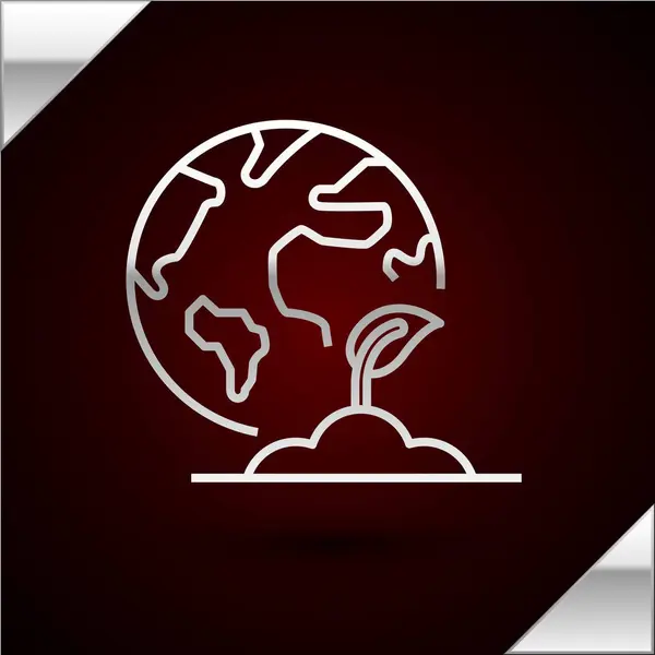 Argento linea Terra globo e icona della pianta isolato su sfondo rosso scuro. Segno del mondo o della Terra. Forme geometriche. Concetto ambientale. Illustrazione vettoriale — Vettoriale Stock