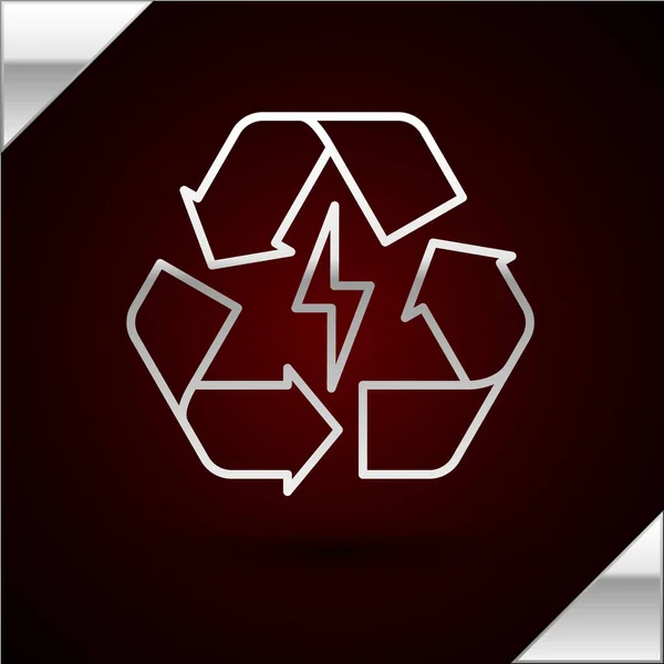 Línea de plata Batería con icono de línea de símbolo de reciclaje aislado sobre fondo rojo oscuro. Batería con símbolo de reciclaje - concepto de energía renovable. Ilustración vectorial — Archivo Imágenes Vectoriales