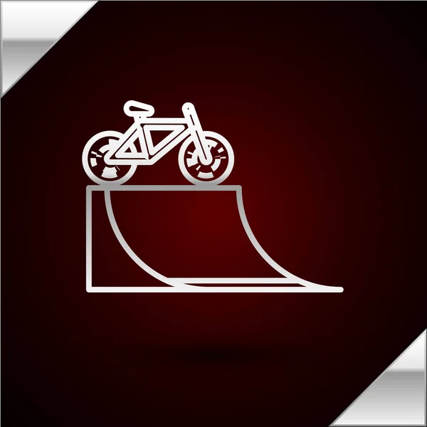 Silver line Bicycle on street ramp icon isolated on dark red background. Skate park. Extreme sport. Sport equipment. Vector Illustration — Stock Vector