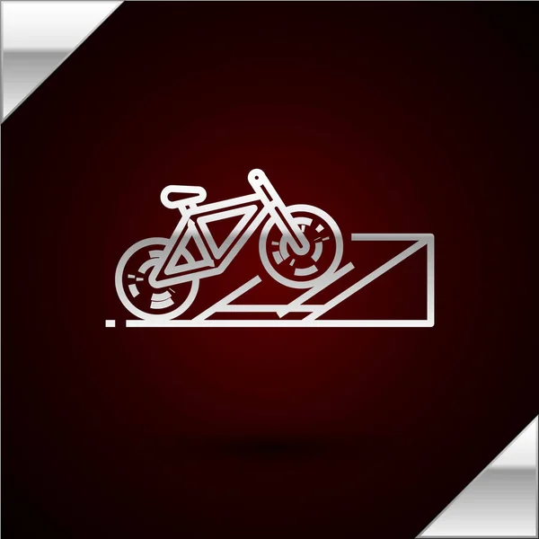 Silver line Bicycle on street ramp icon isolated on dark red background. Skate park. Extreme sport. Sport equipment. Vector Illustration