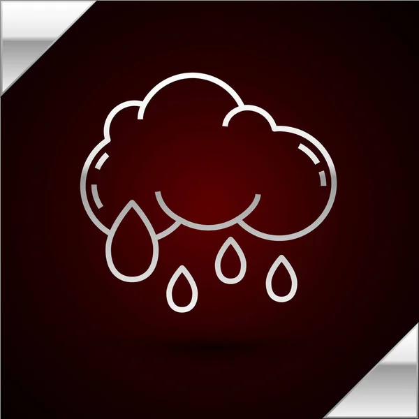Silberne Linienwolke mit Regensymbol auf dunkelrotem Hintergrund. Regenwolken Niederschlag mit Regentropfen. Vektorillustration — Stockvektor