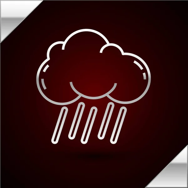 Koyu kırmızı zemin üzerinde yağmur ikonu olan gümüş çizgi bulutu. Yağmur damlaları ile yağmur bulutu yağışı. Vektör İllüstrasyonu — Stok Vektör