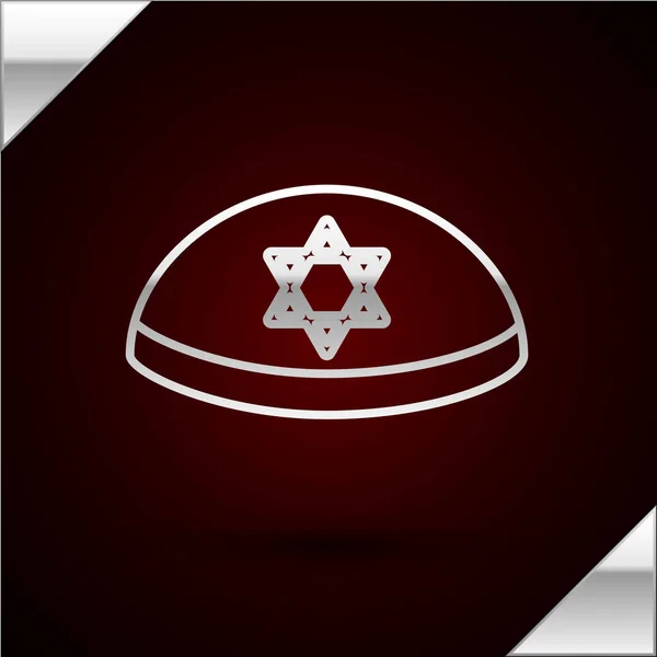 Zilveren lijn Joodse kippah met ster van David pictogram geïsoleerd op donkerrode achtergrond. Joodse keppelhoed. Vector Illustratie — Stockvector