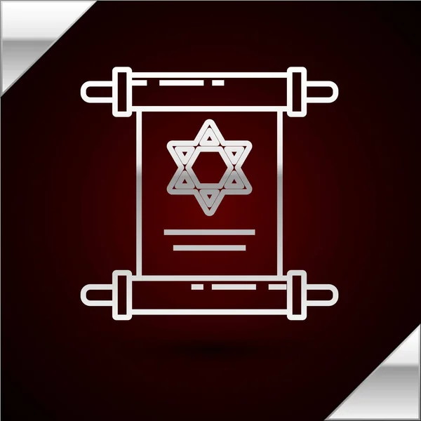 Silver linje Torah bläddra ikonen isolerad på mörkröd bakgrund. Judisk Torá i utvidgad form. Davids stjärna symbol. Gamla pergamentrullen. Vektor Illustration — Stock vektor