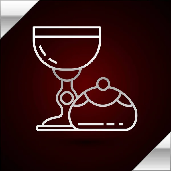 Silver line Jewish goblet and hanukkah sufganiyot icon isolated on dark red background. Jewish sweet bakery. Wine cup for kiddush. Vector Illustration — Stock Vector