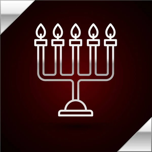 Silver linje Hanukkah menorah ikon isolerad på mörkröd bakgrund. Hanukkah traditionell symbol. Helgreligion, judisk ljusfestival. Vektor Illustration — Stock vektor
