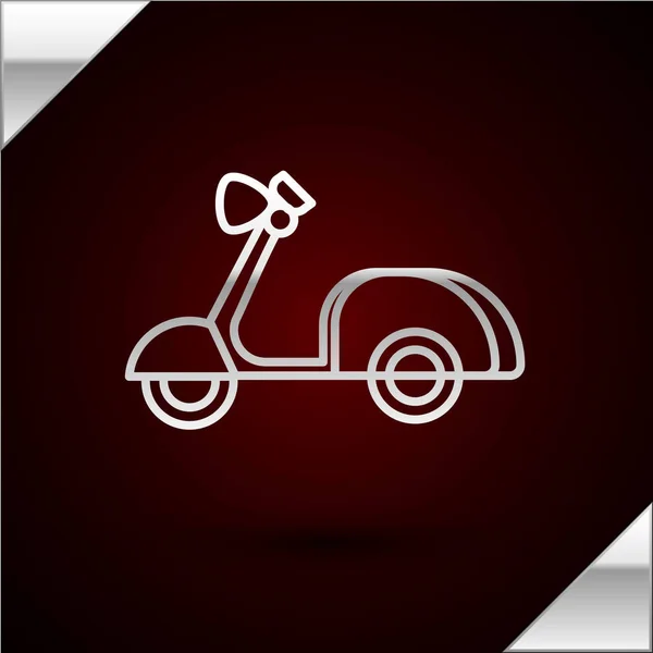 Icono de Scooter de línea plateada aislado sobre fondo rojo oscuro. Ilustración vectorial — Vector de stock