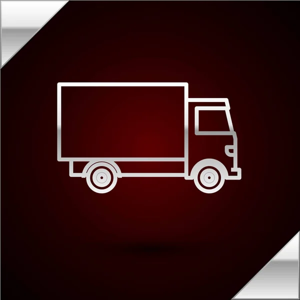 Silberne Linie Lieferung Lastkraftwagen-Symbol isoliert auf dunkelrotem Hintergrund. Vektorillustration — Stockvektor
