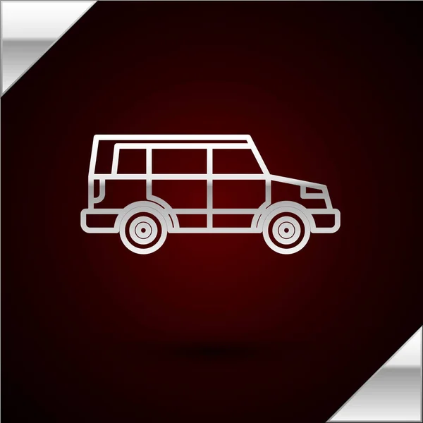 Línea de plata Off road coche icono aislado sobre fondo rojo oscuro. Señal del jeep. Ilustración vectorial — Archivo Imágenes Vectoriales