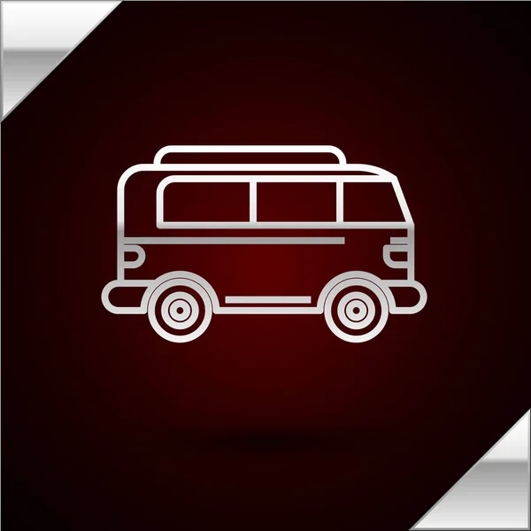 Gümüş çizgili Retro minivan simgesi koyu kırmızı arka planda izole edildi. Eski klasik seyahat minibüsü. Vektör İllüstrasyonu — Stok Vektör