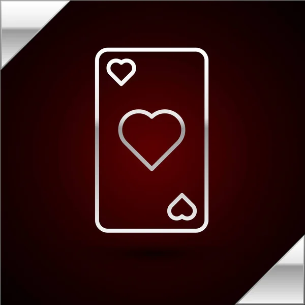 Silver line Playing card with heart symbol icon isolated on dark red background. Casino gambling. Vector Illustration — Stock Vector