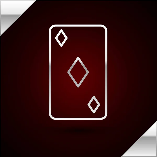 Línea de plata Jugando a las cartas con diamantes símbolo icono aislado sobre fondo rojo oscuro. Juego de casino. Ilustración vectorial — Vector de stock