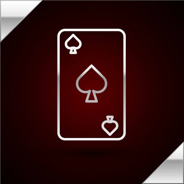 Linha de prata Playing card with spades symbol icon isolated on dark red background. Jogo de casino. Ilustração vetorial —  Vetores de Stock