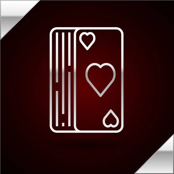 Zilveren lijn Deck speelkaarten pictogram geïsoleerd op donkerrode achtergrond. Casino gokken. Vector Illustratie — Stockvector