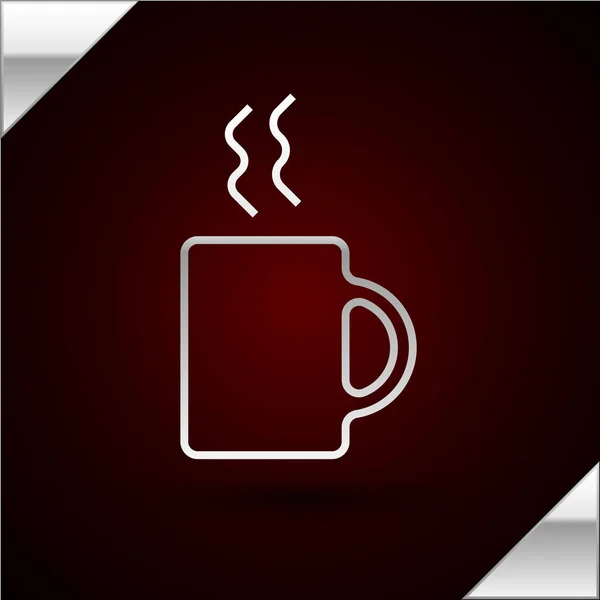 Silberne Linie Kaffeetasse Symbol isoliert auf dunkelrotem Hintergrund. Teetasse vorhanden. Heißgetränk Kaffee. Vektorillustration — Stockvektor