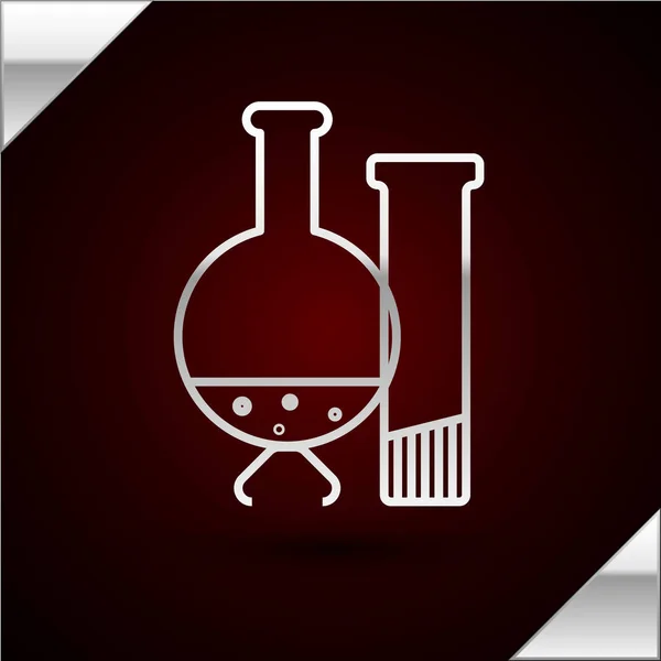 Linha de prata Tubo de teste e frasco - ícone de teste de laboratório químico isolado em fundo vermelho escuro. Sinal de vidro de laboratório. Ilustração vetorial —  Vetores de Stock