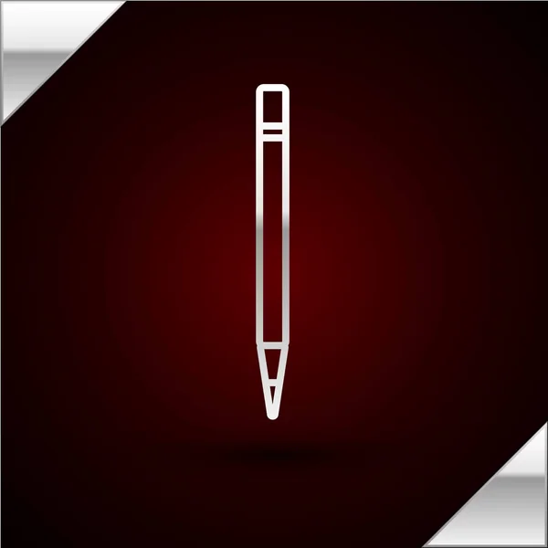 Srebrna linia ołówka z gumką i ikoną linii na ciemnoczerwonym tle. Narzędzia do rysowania i edukacji. Symbol biura szkolnego. Ilustracja wektora — Wektor stockowy