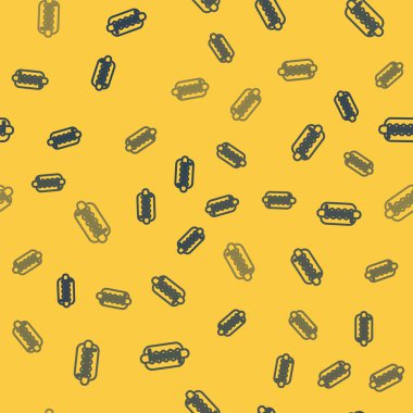 Hardal ikonlu mavi çizgili Hotdog sandviçi sarı arka planda izole edilmiş kusursuz desen. Sosis ikonu. Fast food burcu. Vektör İllüstrasyonu