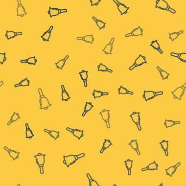 Mavi çizgi zil simgesi sarı arkaplanda izole edilmiş kusursuz desen. Alarm sembolü, servis zili, el zili işareti, uyarı sembolü. Vektör İllüstrasyonu