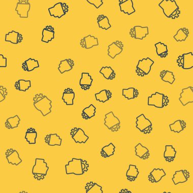 Mavi çizgi insan ve ikonun içindeki teçhizat sarı arka planda izole edilmiş pürüzsüz desen. Yapay zeka. Beyin işaretini düşünüyorum. Beynin sembol çalışması. Vektör İllüstrasyonu