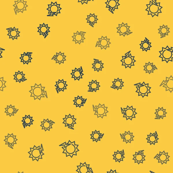 Ligne bleue Panneau d'énergie solaire icône isolé motif sans couture sur fond jaune. Soleil avec symbole de foudre. Illustration vectorielle — Image vectorielle