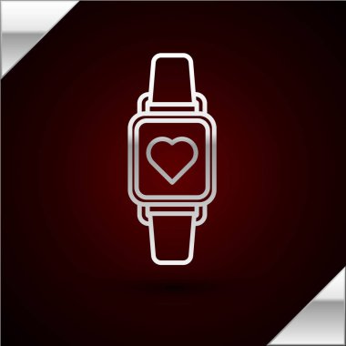 Gümüş çizgili akıllı saat koyu kırmızı arka planda kalp atışı ikonunu gösteriyor. Fitness uygulaması konsepti. Vektör İllüstrasyonu