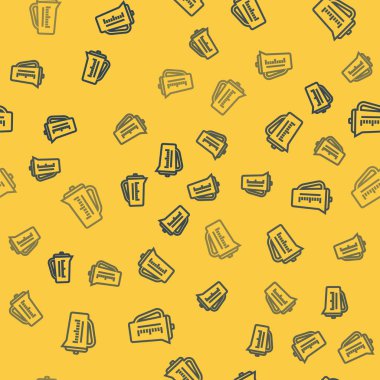 Mavi çizgi ölçme kabı kuru ve sıvı yiyecek ikonunu ölçmek için sarı zemin üzerinde izole edilmiş pürüzsüz desen. Plastik şişenin sapı var. Vektör İllüstrasyonu