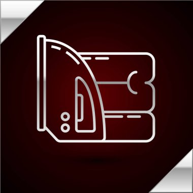 Gümüş çizgi elektrik ve havlu ikonu koyu kırmızı arka planda izole edildi. Buhar ütüsü. Vektör İllüstrasyonu