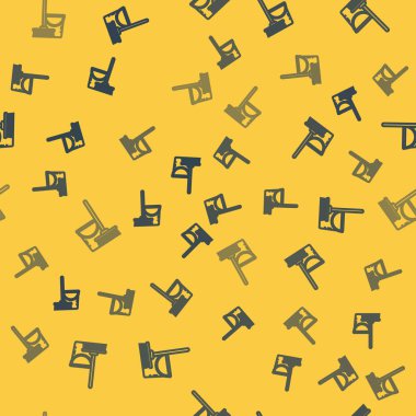 Mavi çizgi paspas ve kova ikonu sarı arka planda izole edilmiş pürüzsüz desen. Temizlik hizmeti konsepti. Vektör İllüstrasyonu