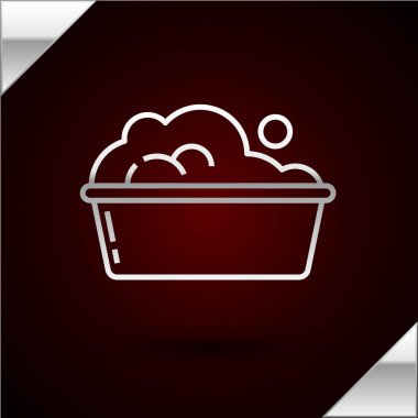 Gümüş çizgili plastik leğen, koyu kırmızı arkaplanda sabun köpüğü simgesi var. Sulu kase. Çamaşır yıkama, temizlik malzemeleri. Vektör İllüstrasyonu