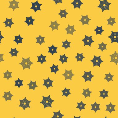 Mavi çizgi Örümcek Ağı ikonu sarı arkaplandaki kusursuz deseni izole etti. Örümcek ağı işareti. Mutlu Cadılar Bayramı Partisi. Vektör İllüstrasyonu