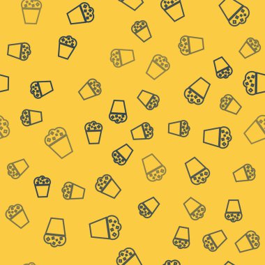 Karton kutu ikonundaki mavi çizgi patlamış mısır sarı arka planda izole edilmiş pürüzsüz desen. Patlamış mısır kutusu. Vektör İllüstrasyonu