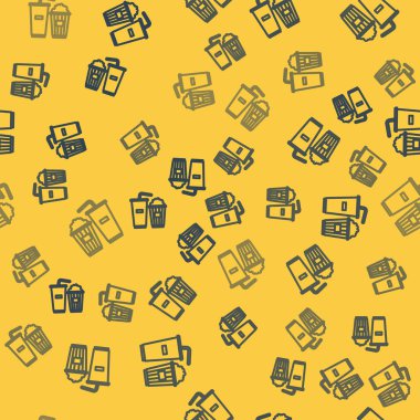 Karton kutuda mavi çizgi patlamış mısır ve kamış ve su ikonu içen kağıt bardak sarı arka planda izole edilmiş pürüzsüz desen. Soda bardağı. Vektör İllüstrasyonu