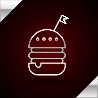 Gümüş çizgili Burger simgesi koyu kırmızı arka planda izole edilmiş. Hamburger ikonu. Çizburger sandviç tabelası. Fast food menüsü. Vektör İllüstrasyonu